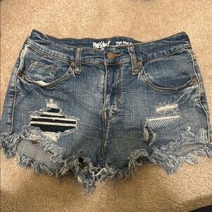 Blue Distressed Jean Shorts with Frayed Hem